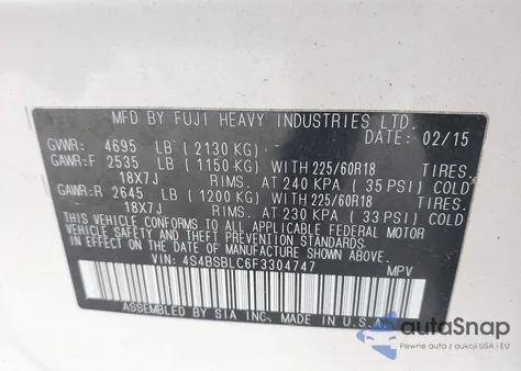 2015 Subaru Outback 2.5I Limited from USA, damaged, VIN 4S4BSBLC6F3304747